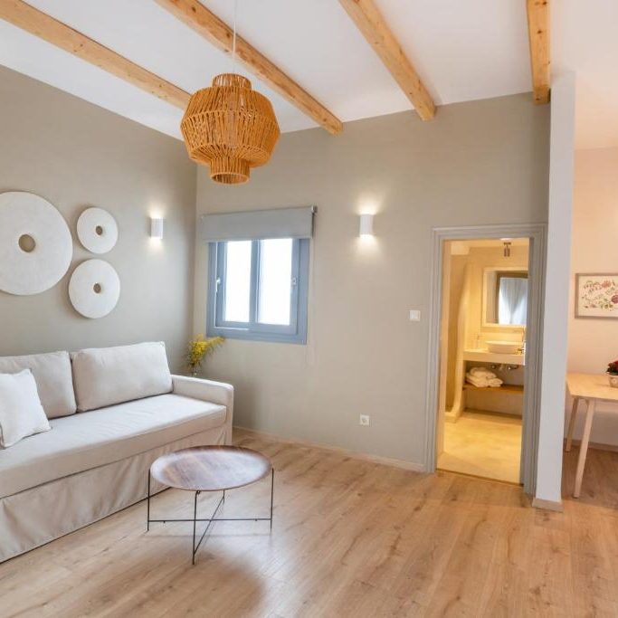 Hedendaagse woonkamer met een bank, tafeltje en toegang tot een badkamer. Natuurlijk licht.